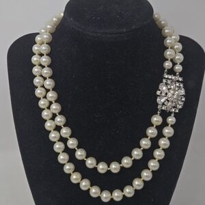 Signed Vintage JOSEPH MAZER Double Strand Faux Pearl Rhinestone Clasp‎ Necklace